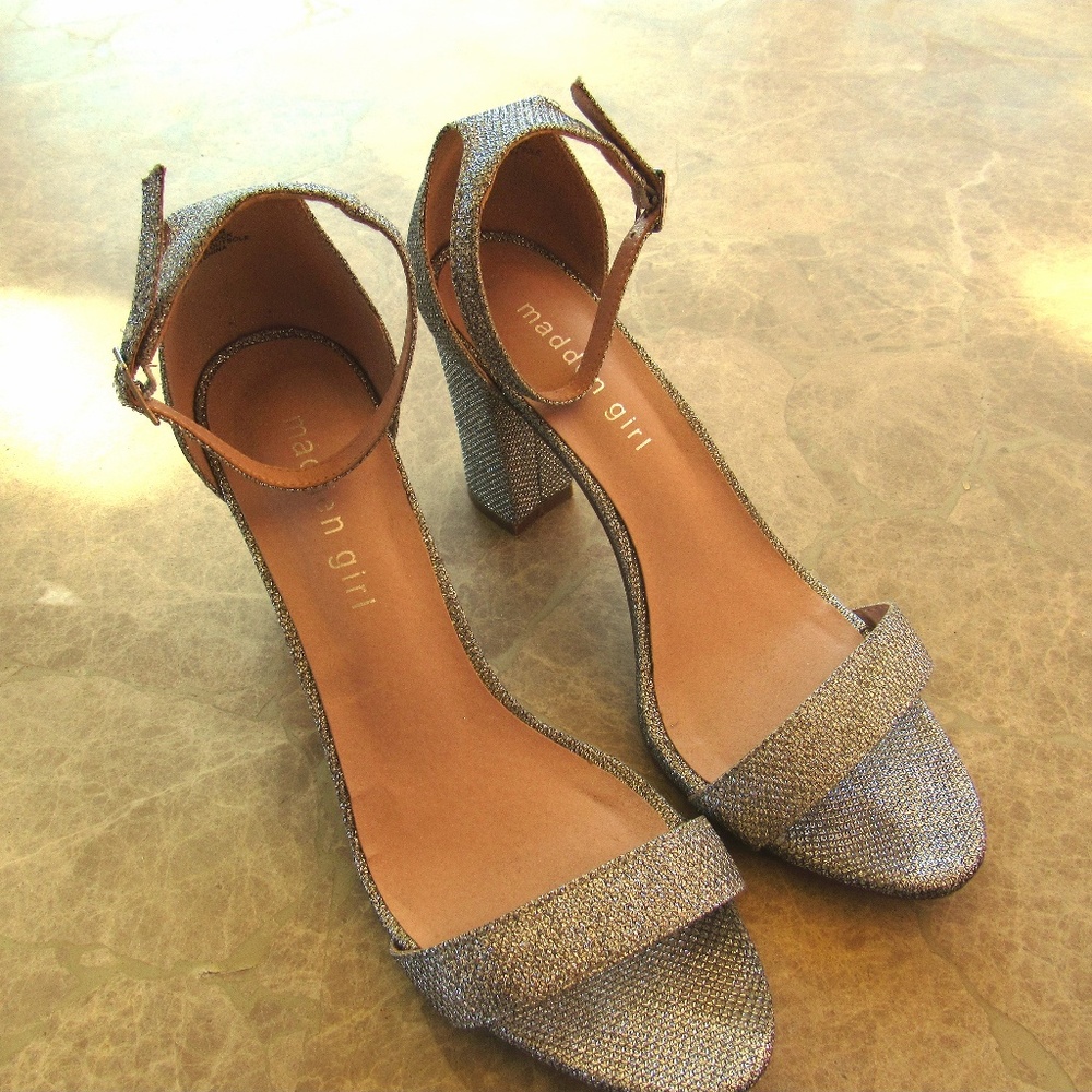 MADDEN GIRL  Silver Block Heel,Ankle Strap Sandals